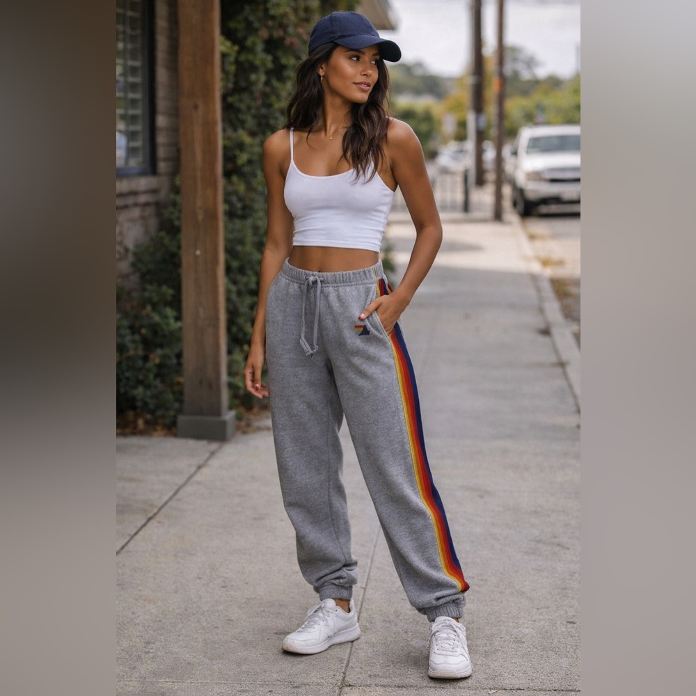 Aviator Nation Gray Joggers with Yellow, Orange & Blue Side Stripes